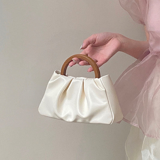 Wooden Handle Pleated Cloud Small Handbag Women One-Shoulder Mini Bag
