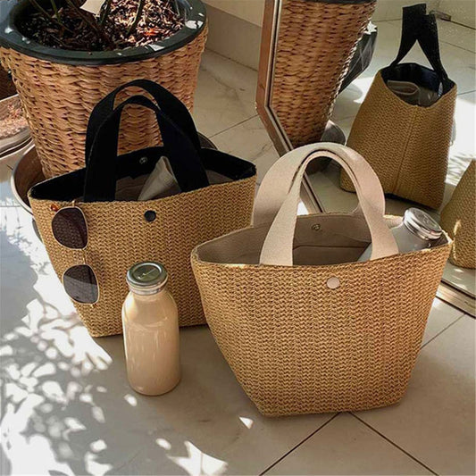 Sac fourre-tout en paille tissée pour femme, élégant, décontracté, à la mode, pour les vacances, la plage, couleur unie 
