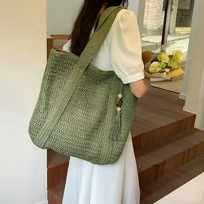 Summer Women Leisure Vacation Beach Grass Woven Tassel Pendant Tote Bag