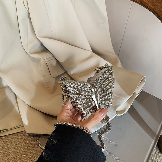 Mini sac bandoulière en métal à strass et motif papillon 
