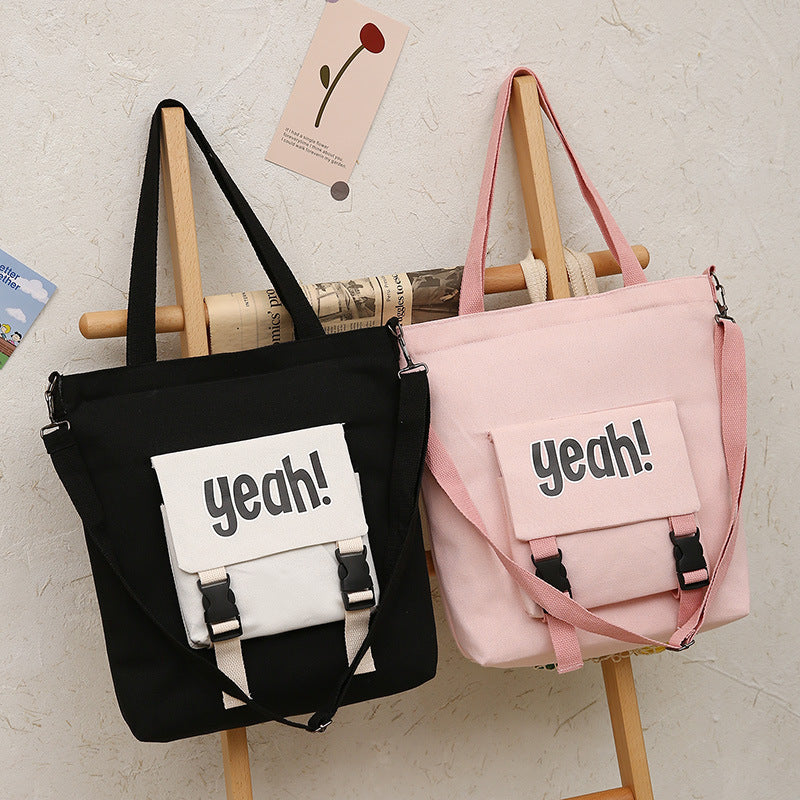 Student Campus Large-Capacity Square Canvas Shoulder Tote Bag Letter Shopping Bag