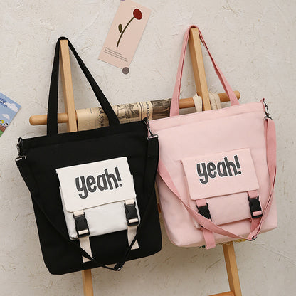 Student Campus Large-Capacity Square Canvas Shoulder Tote Bag Letter Shopping Bag