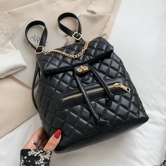 Women Casual Flap Buckle Design Rhombus Stitching PU Backpack