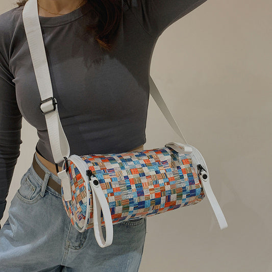 Women Fashion Casual Oxford Cloth Color Blocking Bucket One Shoulder Crossbody Bag