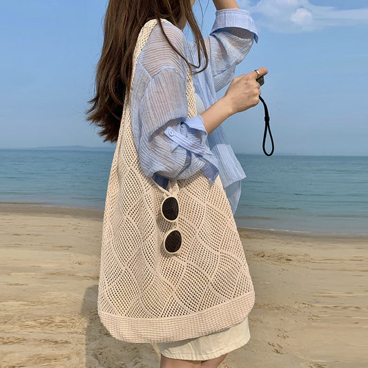 Women Fashion Vintage Vacation Beach Hollow Woven Handle Shoulder Bag