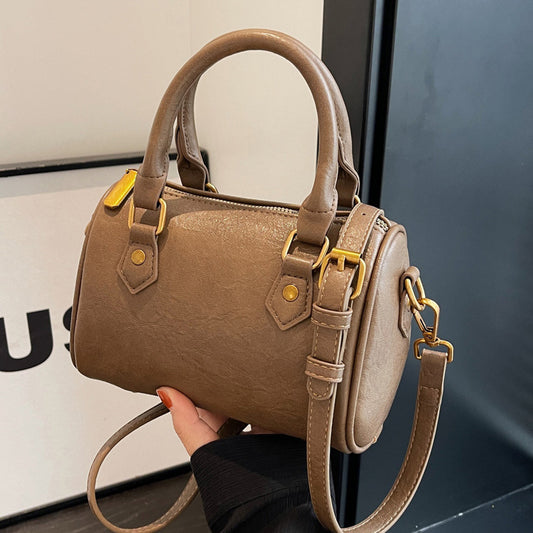 Sac à main cylindrique rétro couleur unie pour femme 