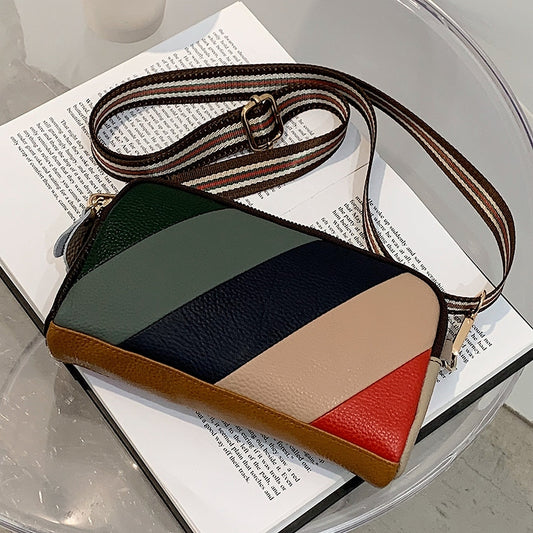 Women Casual Striped Color Blocking Zip Design PU Crossbody Bag