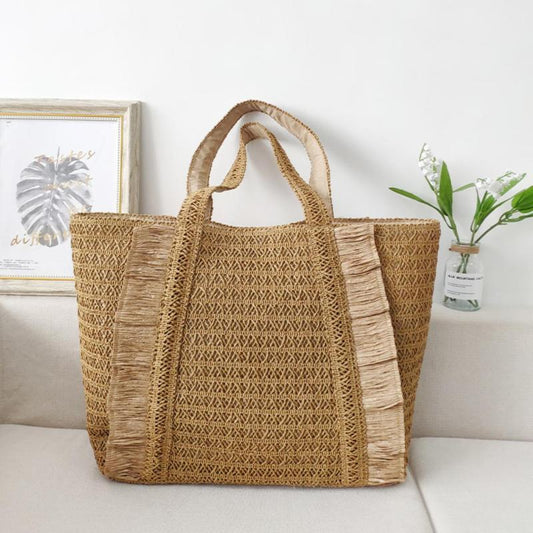 Sac fourre-tout en paille tissée pour femme, simple et tendance, idéal pour les vacances ou la plage, grande capacité