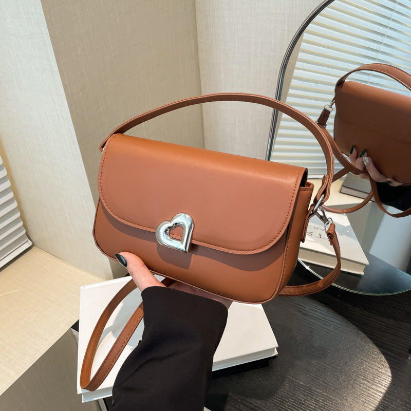 Women Fashion Simple Solid Color Love Lock Saddle Shoulder Bag