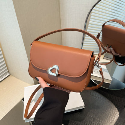 Women Fashion Simple Solid Color Love Lock Saddle Shoulder Bag