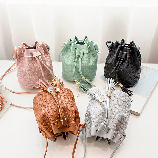 Women Casual Tassel Decorative Drawstring Design PU Bucket Crossbody Bag