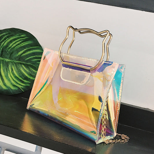 Sac à bandoulière en PVC avec poignée en forme d'oreilles de chat et design laser créatif pour femme 