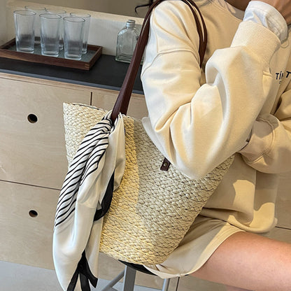 Sac fourre-tout décoratif en soie tissée et paille pour femme, fourre-tout à bandoulière de grande capacité, tendance et tendance, été 