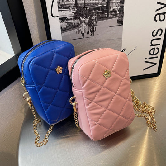 Women Mini Basic Flower Decoration Zipper Design Rhombus Stitching Solid Color PU Crossbody Bag