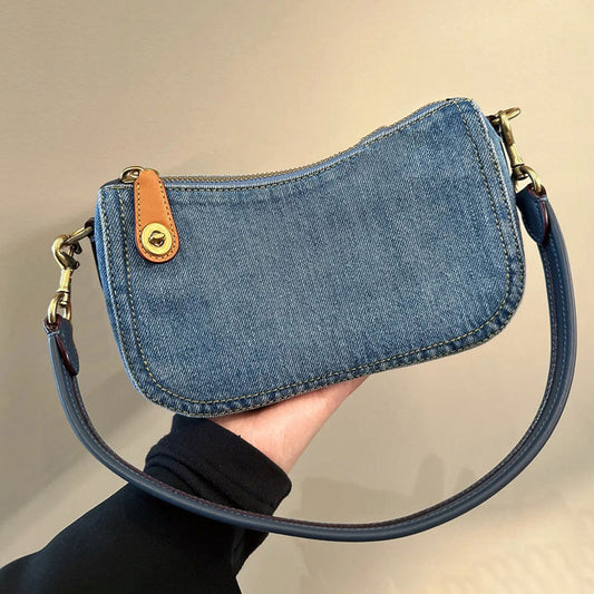 Women Fashion Casual Denim Zipper Baguette Shoulder Bag