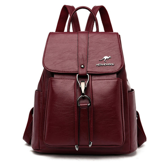 Women Casual Vintage Buckle Design Solid Color Large Capacity PU Backpack