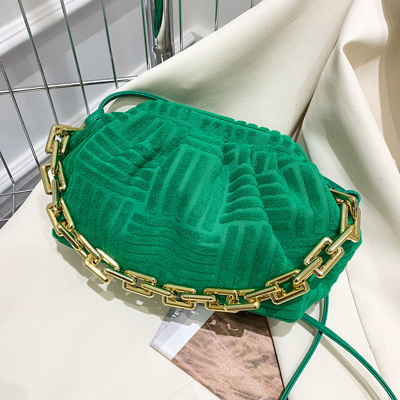 Women Casual Thick Chain Crease Design Solid Color Soft Fabric Crossbody Clutch Bag