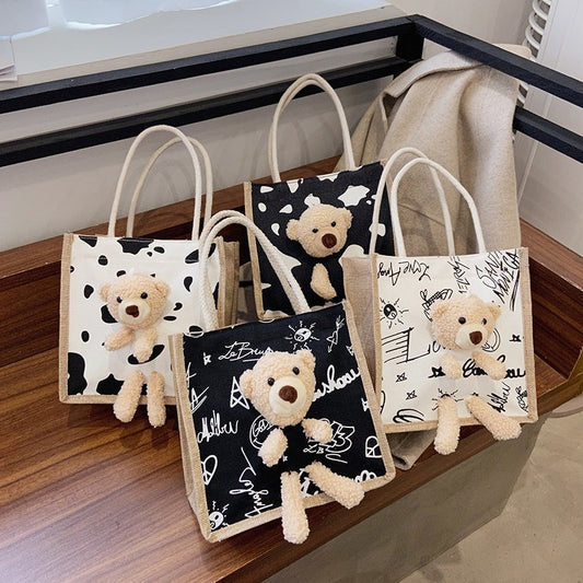 Women Cute Bear Decoration Graphic Pattern Large Capacity Canvas Tote Bag