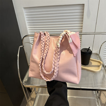 Women Fashionable Large Capacity Silk Scarf Handle Decorative PU Tote Bag