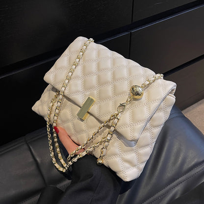 Women Basic Flap Buckle Design Rhombus Stitching Solid Color PU Shoulder Bag