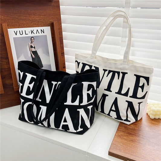 Women Fashion Casual Letter Pattern Solid Color Large Capacity Canvas Shoulder Bag