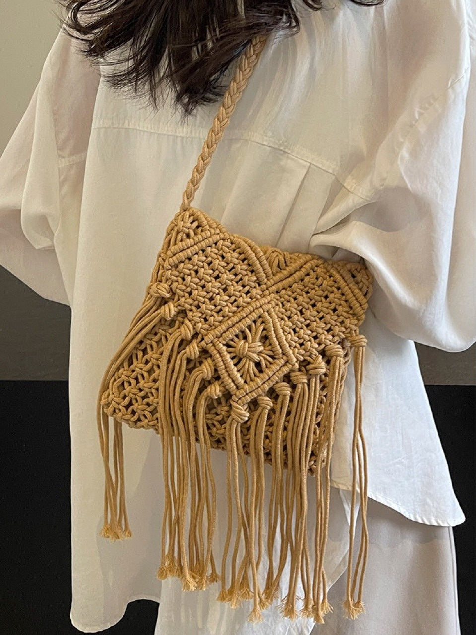 Women Casual Boho Solid Color Tassel Woven Vacation Shoulder Bag