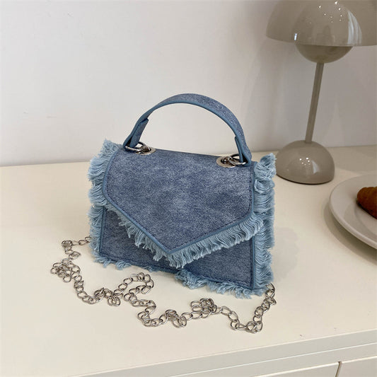Sac à bandoulière carré à pompons en denim tendance 