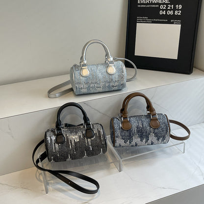 Sac à bandoulière cylindrique à paillettes vintage avec fermeture éclair 