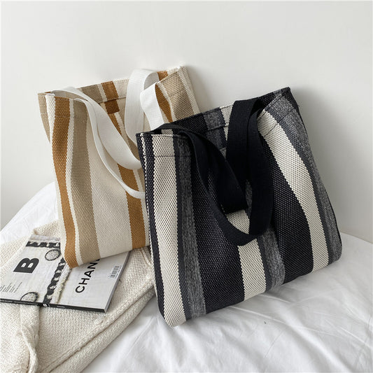 Women Casual Stripe Design Color Blocking Large Capacity Canvas Tote Bag