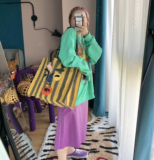 Women Fashion Casual Clown Stripes Large Capacity Clutch Shoulder Canvas Bag