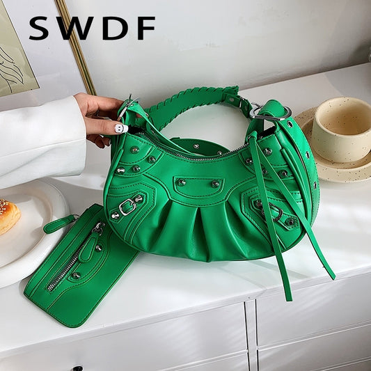 2 In 1 Women Creative Fashion Crease Design Rivet Decorative Solid Color PU Shoulder Bag