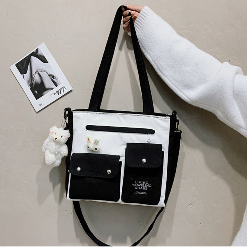 Women Cute Cartoon Doll Decoration Pocket Design Color Blocking Canvas Shoulder Bag