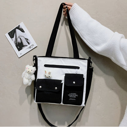 Women Cute Cartoon Doll Decoration Pocket Design Color Blocking Canvas Shoulder Bag