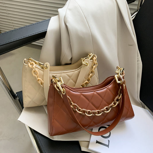 Women Trendy Chain Decorative Rhombus Stitching Solid Color PU Underarm Bag