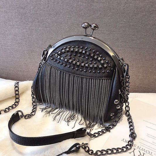 Women Fashion Solid Color Pu Rhinestone Rivet Tassel One Shoulder Chain Shell Crossbody Bag
