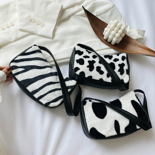 Women Fashion Chic Zebra Cow Pattern Plush Underarm Bag
