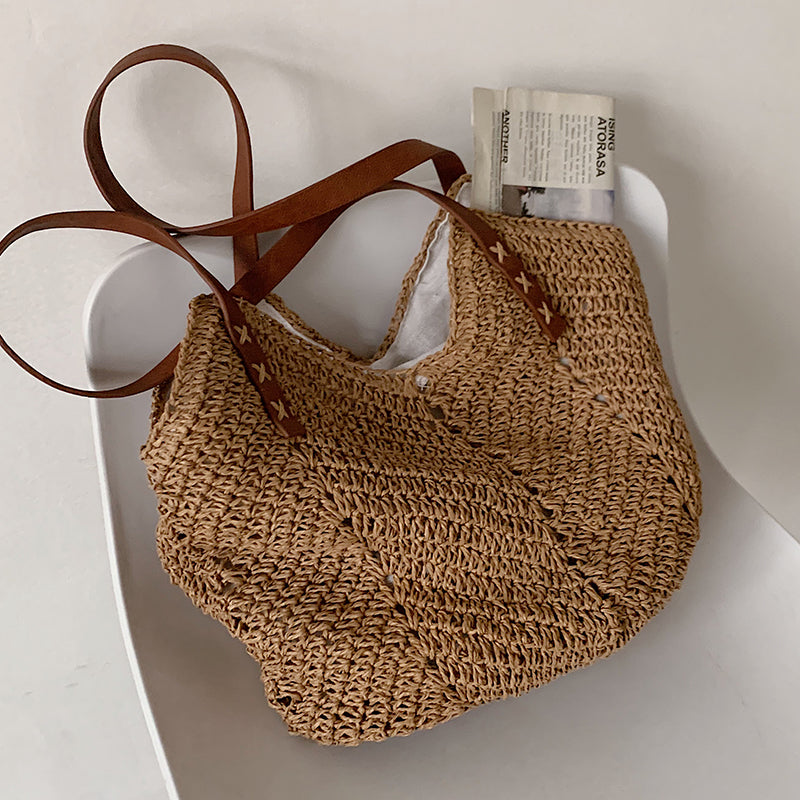 Sac à bandoulière en paille pour femme, décontracté, tissé creux, couleur unie, grande capacité 