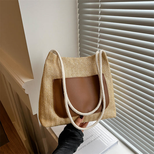 Sac fourre-tout d'été en paille tissée simple pour femme, grande capacité, à bandoulière 