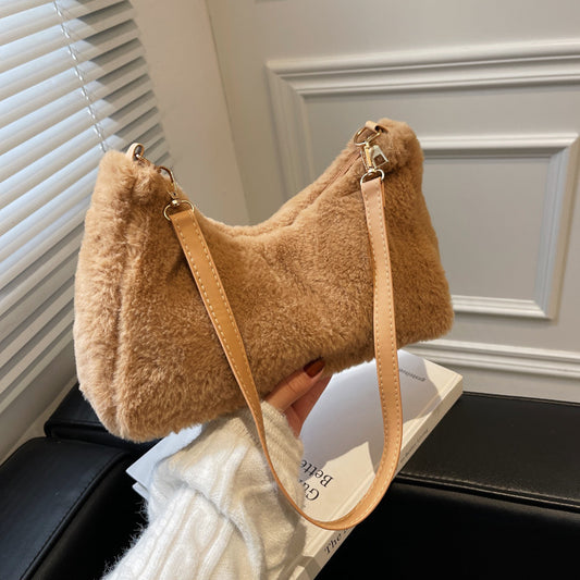 Autumn And Winter Women Fashion Casual Solid Color Plush Shoulder Bag