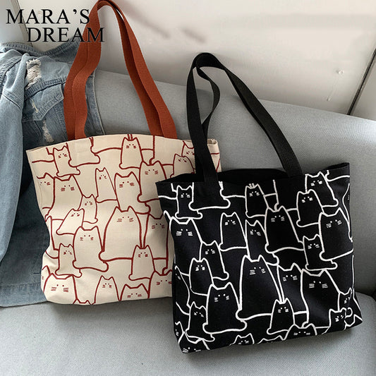 Women Cute Cartoon Pattern Zipper Design Large Capacity Canvas Tote Bag