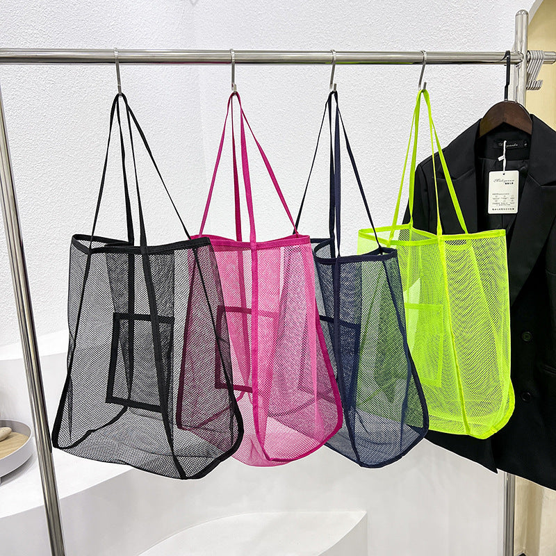 Fashion Solid Color Mesh Transparent Large Capacity Shopping Beach Bag