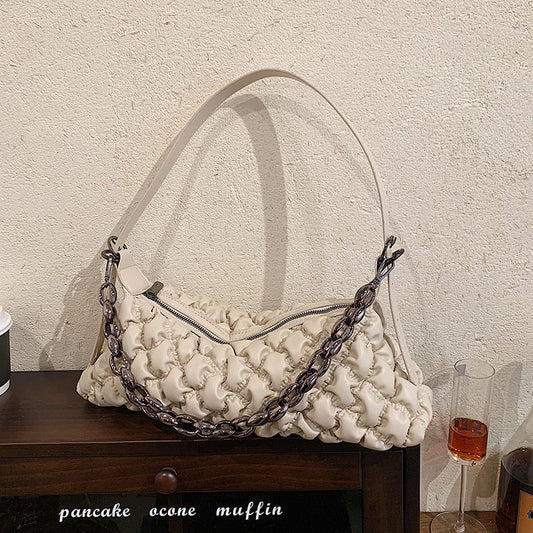 Women Vintage Chain Crease Design Solid Color Pu Shoulder Underarm Bag