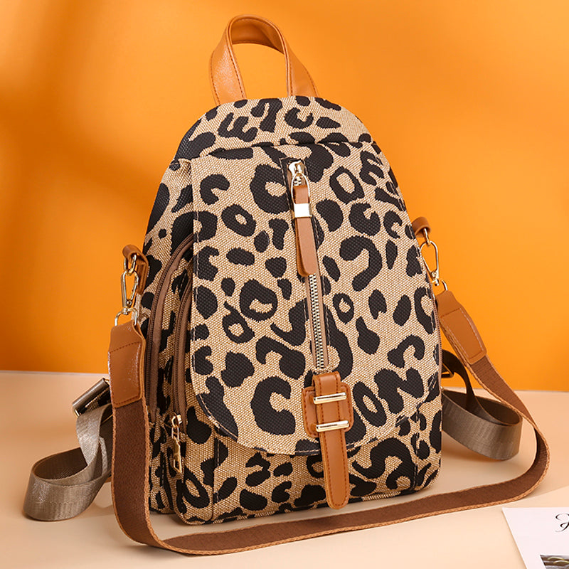 Women Fashion Leopard Pattern Zipper Design Multifunctional Large Capacity PU Backpack