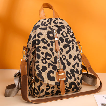 Women Fashion Leopard Pattern Zipper Design Multifunctional Large Capacity PU Backpack