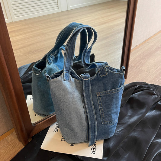 Sacs à main seau en denim de grande capacité avec coutures contrastées 