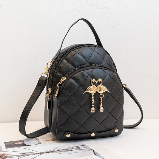 Women Vintage Swan Decoration Zipper Design Rhombus Stitching Solid Color PU Backpack