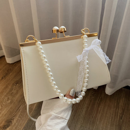 Women Elegant Chic Pearl Chain Decorative Buckle Design Solid Color PU Underarm Bag