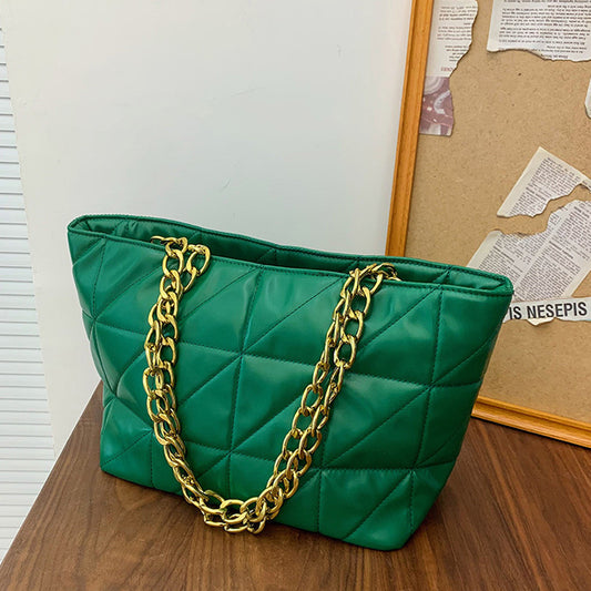 Women Basic Casual Chain Design Solid Color Large Capacity PU Tote Shoulder Bag