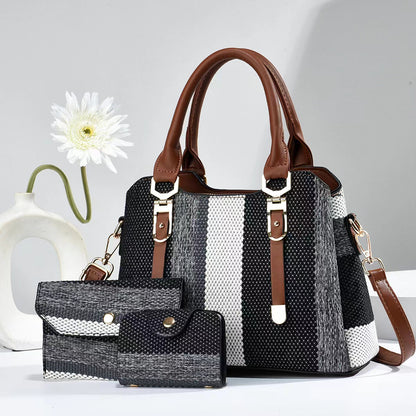 Fashion Stripe Canvas Contrast Large-Capacity Handbag Three-Piece Set
