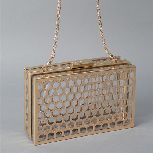 Women Personality Transparent Clear Acrylic Metal Honeycomb Chain Banquet Clutch Bag